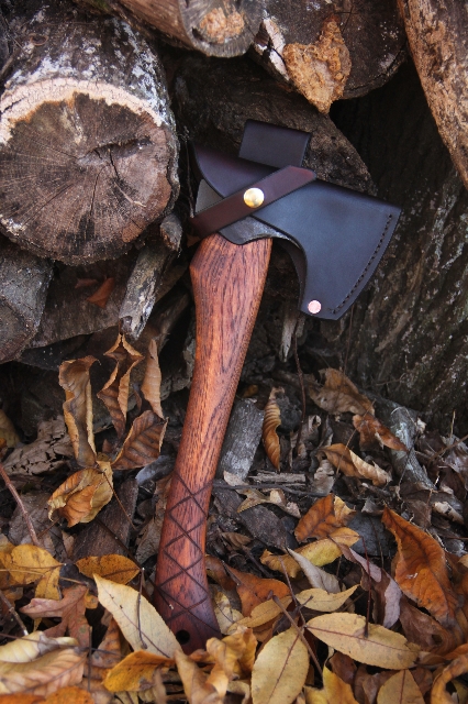 handmade, usa made, usa made axe, hatchet, chopping, wood chopping, outdoor, outdoorsman, survival, backwoodsman, hickory, axe made in america, axes made in the usa, ike bullington, isaac bullington, wolf valley forge, valley forge, pack axe, back packing, camping, trail axe, hunting axe, trappers axe, camp axe, bush axe, belt axe, pack axe, leather shoulder rig, chopping axe, leather axe carrier, shoulder sling for axe, carpenter's axe, Wolf Valley Forge, Wolf Valley Forge axe release, Axe Wax