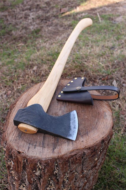 handmade, usa made, usa made axe, hatchet, chopping, wood chopping, outdoor, outdoorsman, survival, backwoodsman, hickory, axe made in america, axes made in the usa, ike bullington, wolf valley forge, valley forge, pack axe, back packing, camping, trail axe, hunting axe, trappers axe, camp axe, bush axe, belt axe, pack axe, leather shoulder rig, chopping axe, leather axe carrier, shoulder sling for axe, carpenter's axe, Wolf Valley Forge, Wolf Valley Forge axe release, Axe Wax, haversack, go bag, man purse, man bag, canvas bag, reenactor, reenacting, Trekker Axe, Axe Life