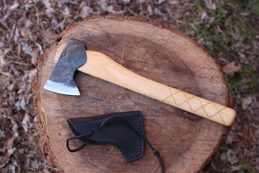 handmade, usa made, usa made axe, hatchet, chopping, wood chopping, outdoor, outdoorsman, survival, backwoodsman, hickory, axe made in america, axes made in the usa, ike bullington, wolf valley forge, valley forge, pack axe, back packing, camping, trail axe, hunting axe, trappers axe, camp axe, bush axe, belt axe, pack axe, leather shoulder rig, chopping axe, leather axe carrier, shoulder sling for axe, carpenter's axe, Wolf Valley Forge, Wolf Valley Forge axe release, Axe Wax, haversack, go bag, man purse, man bag, canvas bag, reenactor, reenacting, Trekker Axe, Axe Life, Splitting Wedge, Handforged Wedge