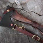 Dark Brown Hickory Chipper Axe with Cross Hatching and Shoulder Rig