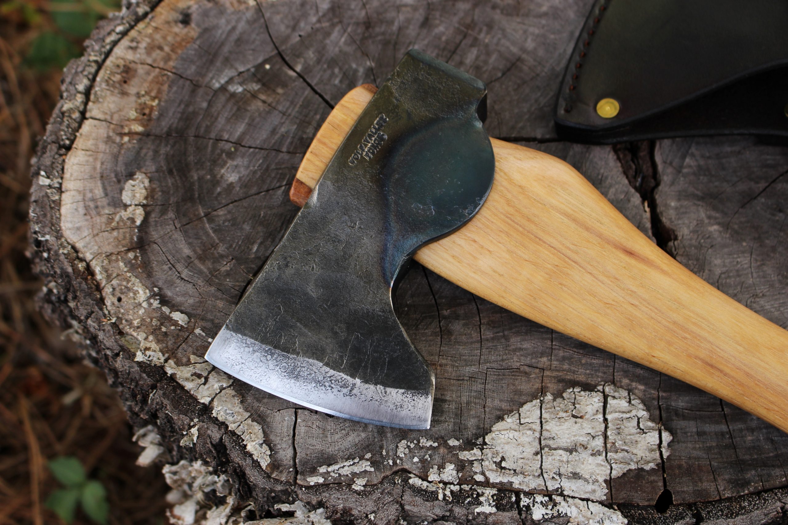 handmade, usa made, usa made axe, hatchet, chopping, wood chopping, outdoor, outdoorsman, survival, backwoodsman, hickory, axe made in america, axes made in the usa, ike bullington, wolf valley forge, valley forge, pack axe, back packing, camping, trail axe, hunting axe, trappers axe, camp axe, bush axe, belt axe, pack axe, leather shoulder rig, chopping axe, leather axe carrier, shoulder sling for axe, carpenter's axe, Wolf Valley Forge, Wolf Valley Forge axe release, Axe Wax, haversack, go back, man purse, man bag, canvas bag, reenactor, reenacting, Trekker Axe, Axe Life