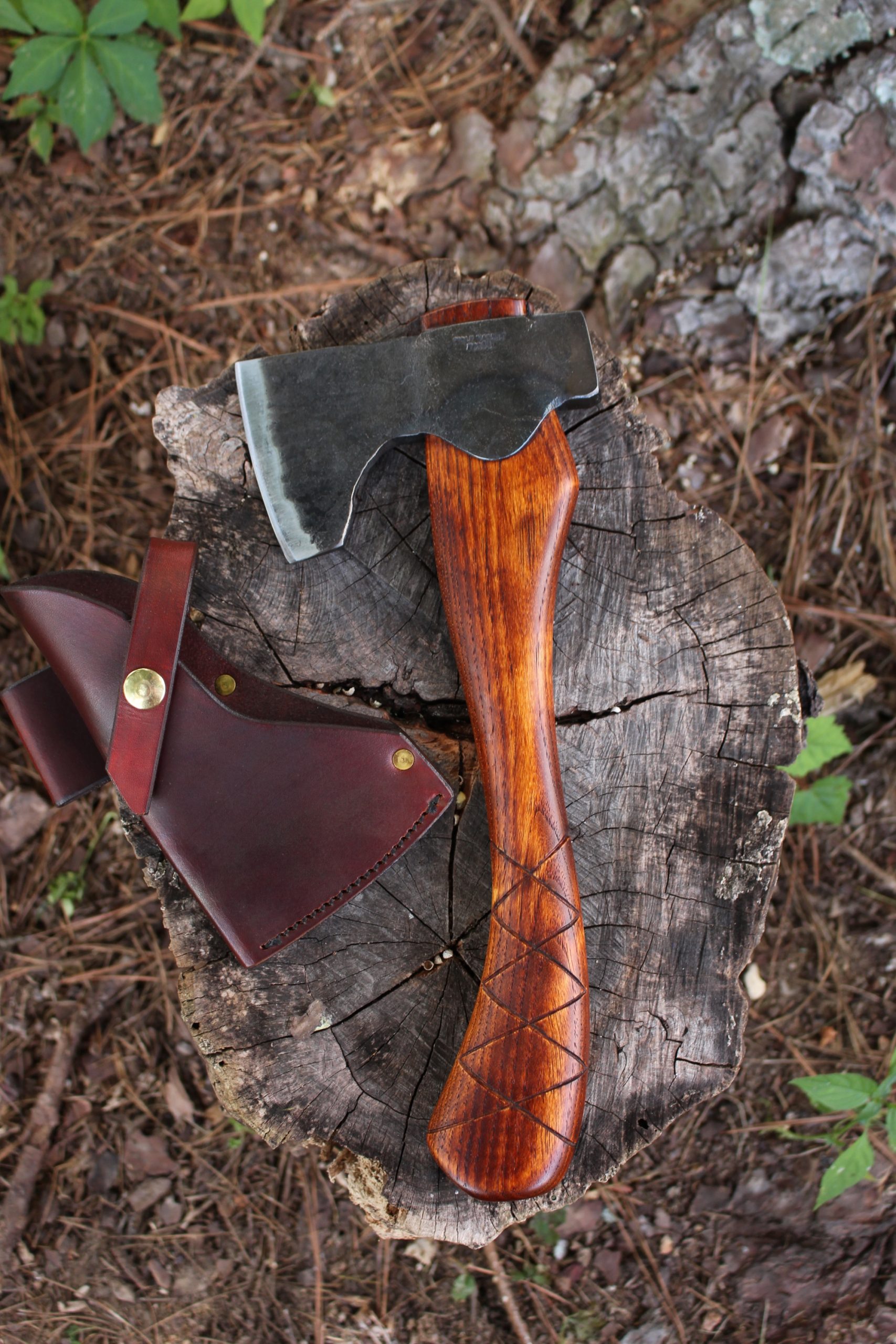 handmade, usa made, usa made axe, hatchet, chopping, wood chopping, outdoor, outdoorsman, survival, backwoodsman, hickory, axe made in america, axes made in the usa, ike bullington, wolf valley forge, valley forge, pack axe, back packing, camping, trail axe, hunting axe, trappers axe, camp axe, bush axe, belt axe, pack axe, leather shoulder rig, chopping axe, leather axe carrier, shoulder sling for axe, carpenter's axe, Wolf Valley Forge, Wolf Valley Forge axe release