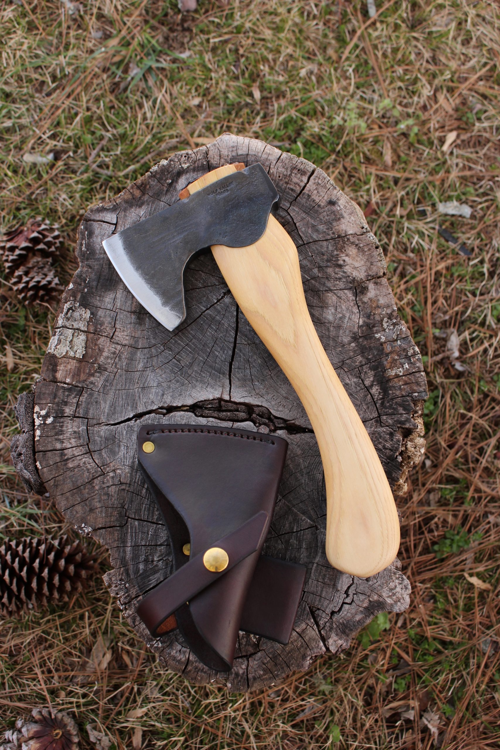 handmade, usa made, usa made axe, hatchet, chopping, wood chopping, outdoor, outdoorsman, survival, backwoodsman, hickory, axe made in america, axes made in the usa, ike bullington, wolf valley forge, valley forge, pack axe, back packing, camping, trail axe, hunting axe, trappers axe, camp axe, bush axe, belt axe, pack axe, leather shoulder rig, chopping axe, carpenter's axe, survival, Wolf Valley Forge, handforged
