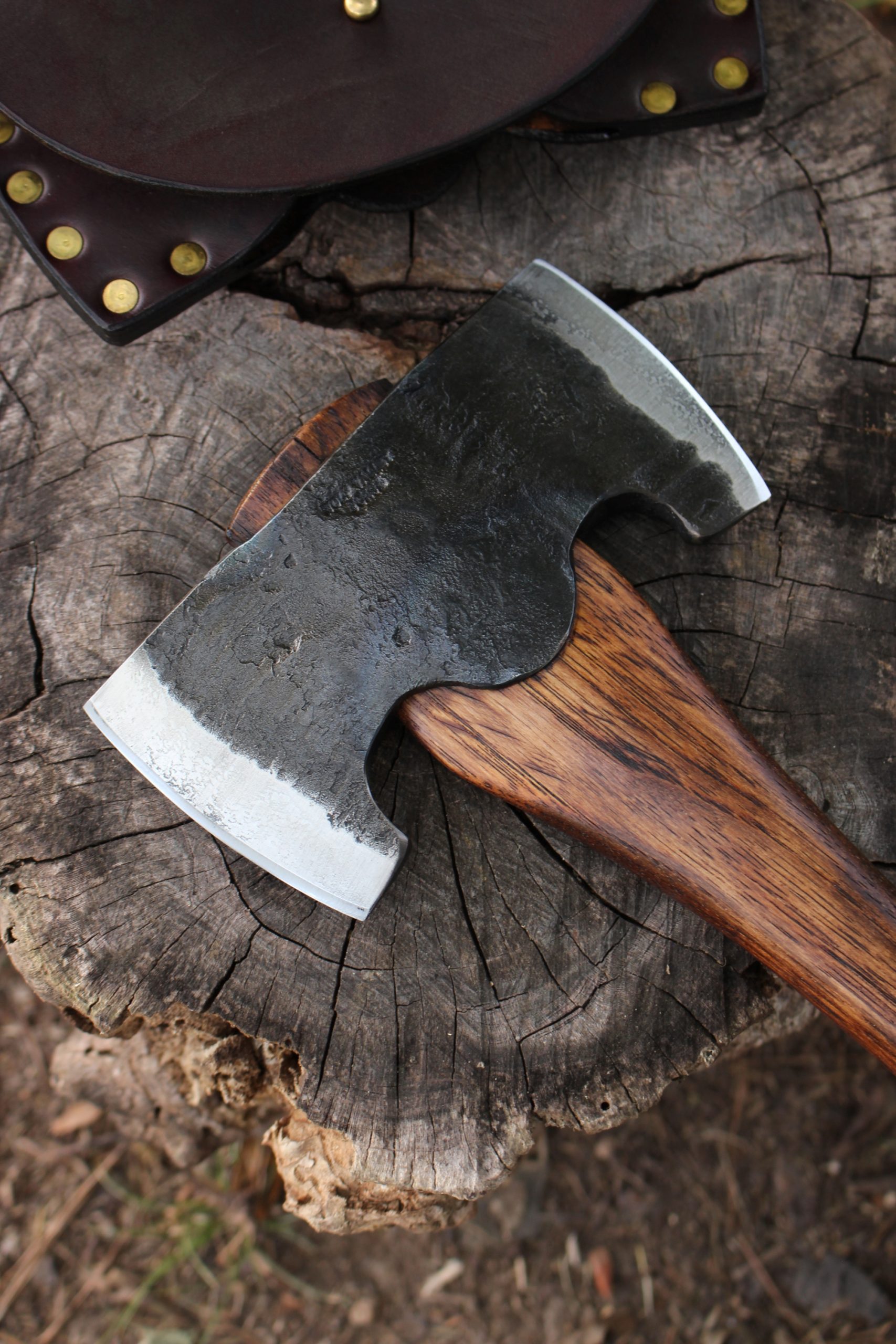 handmade, usa made, usa made axe, hatchet, chopping, wood chopping, outdoor, outdoorsman, survival, backwoodsman, hickory, axe made in america, axes made in the usa, ike bullington, wolf valley forge, valley forge, pack axe, back packing, camping, trail axe, hunting axe, trappers axe, camp axe, bush axe, belt axe, pack axe, leather shoulder rig, chopping axe, leather axe carrier, shoulder sling for axe, carpenter's axe, Wolf Valley Forge, Wolf Valley Forge axe release