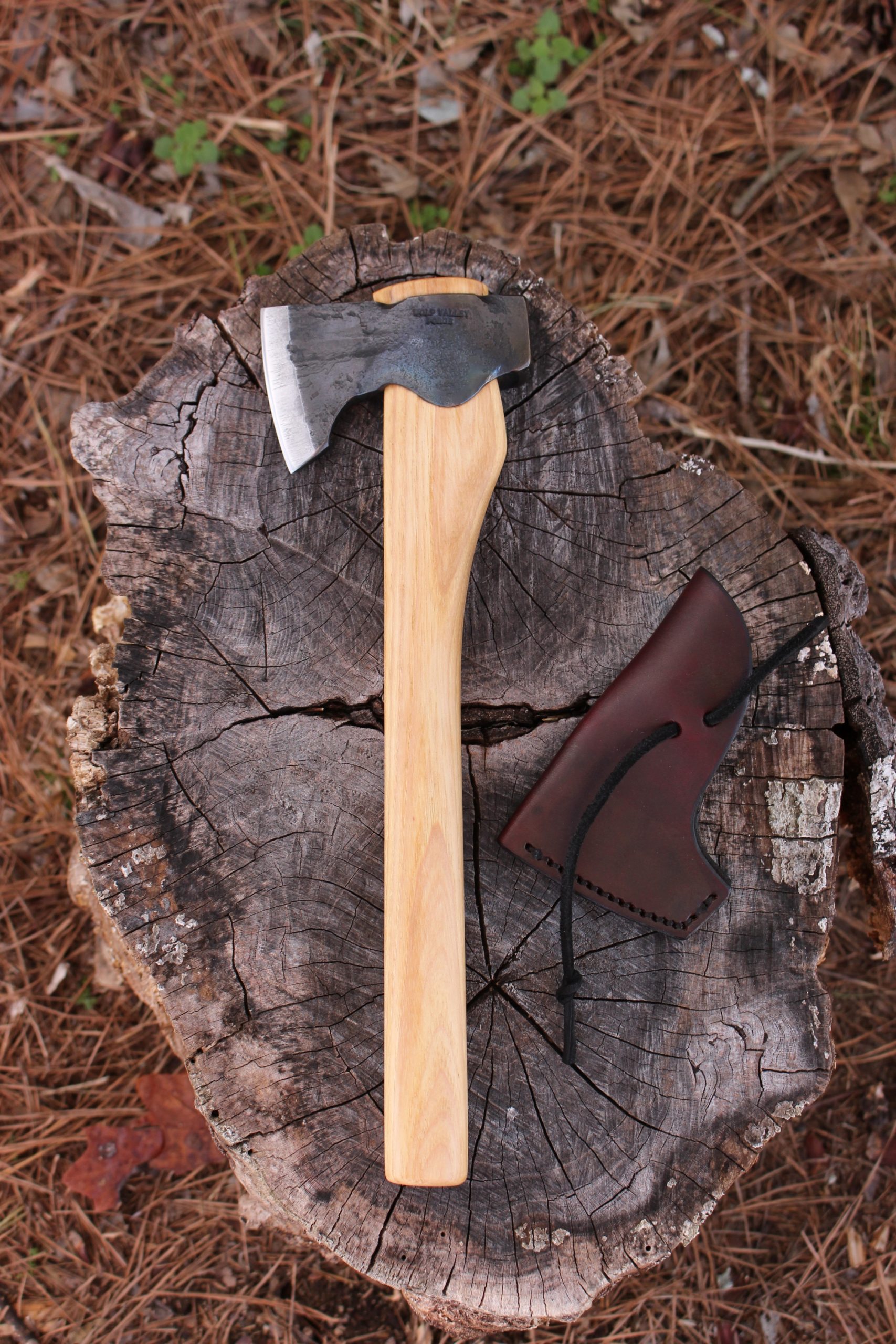 handmade, usa made, usa made axe, hatchet, chopping, wood chopping, outdoor, outdoorsman, survival, backwoodsman, hickory, axe made in america, axes made in the usa, ike bullington, wolf valley forge, valley forge, pack axe, back packing, camping, trail axe, hunting axe, trappers axe, camp axe, bush axe, belt axe, pack axe, leather shoulder rig, chopping axe, leather axe carrier, shoulder sling for axe, carpenter's axe, Wolf Valley Forge, Wolf Valley Forge axe release