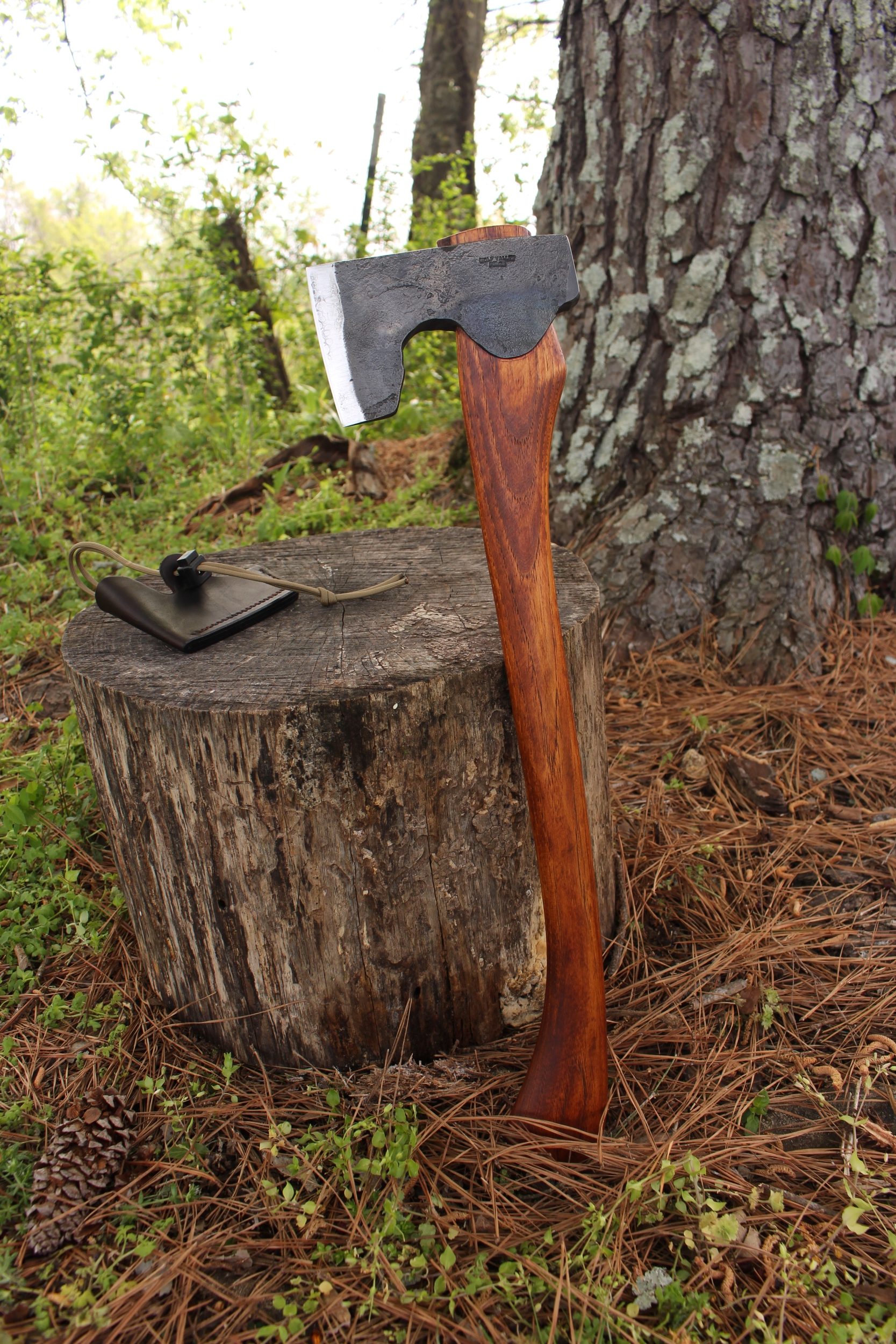 handmade, usa made, usa made axe, hatchet, chopping, wood chopping, outdoor, outdoorsman, survival, backwoodsman, hickory, axe made in america, axes made in the usa, ike bullington, wolf valley forge, valley forge, pack axe, back packing, camping, trail axe, hunting axe, trappers axe, camp axe, bush axe, belt axe, pack axe, leather shoulder rig, chopping axe, leather axe carrier, shoulder sling for axe, carpenter's axe, Wolf Valley Forge, Wolf Valley Forge axe release