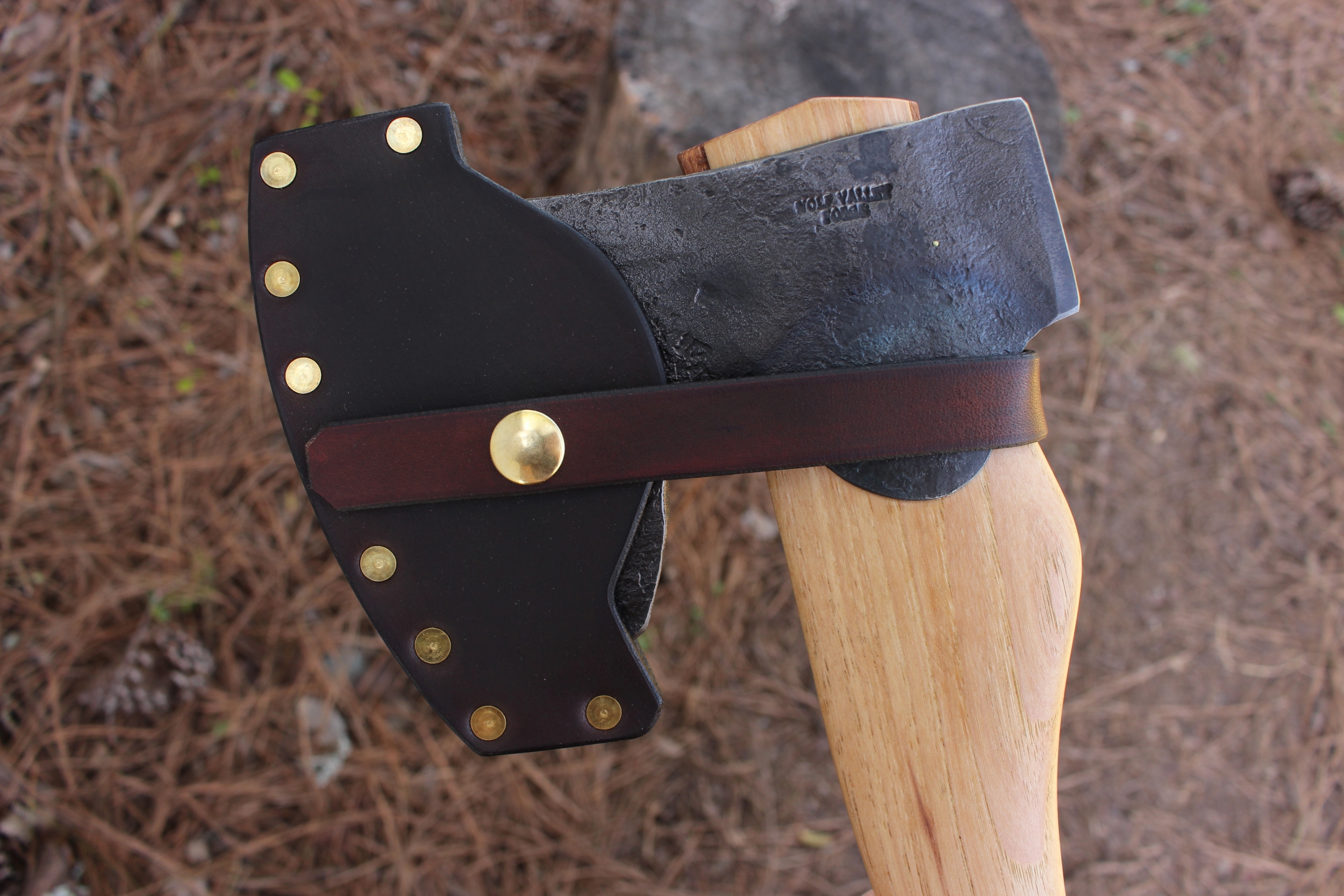 handmade, usa made, usa made axe, hatchet, chopping, wood chopping, outdoor, outdoorsman, survival, backwoodsman, hickory, axe made in amera, axes made in the usa, ike bullington, wolf valley forge, valley forge, pack axe, back packing, camping, trail axe, hunting axe, trappers axe, camp axe, bush axe, belt axe, pack axe, leather shoulder rig, chopping axe, leather axe carrier, shoulder sling for axe, Carpenter's Axe, New Wolf Valley Forge Axe Release, WVF