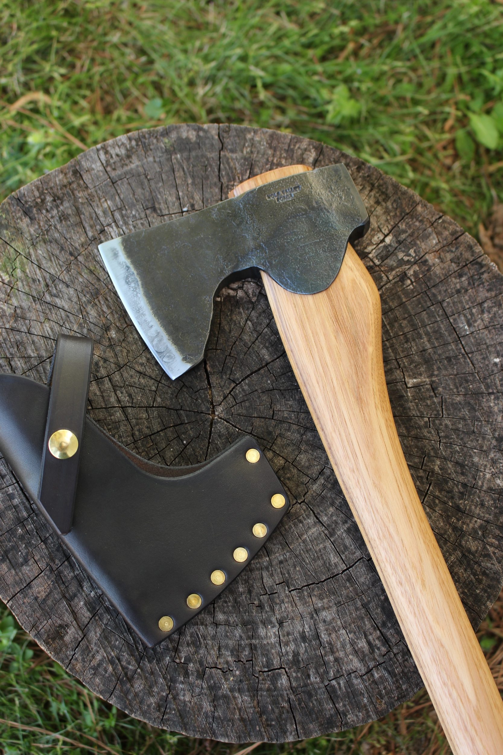 handmade, usa made, usa made axe, hatchet, chopping, wood chopping, outdoor, outdoorsman, survival, backwoodsman, hickory, axe made in america, axes made in the usa, ike bullington, wolf valley forge, valley forge, pack axe, back packing, camping, trail axe, hunting axe, trappers axe, camp axe, bush axe, belt axe, pack axe, leather shoulder rig, chopping axe, leather axe carrier, shoulder sling for axe, carpenter's axe, Wolf Valley Forge, Wolf Valley Forge axe release, Axe Wax, haversack, go back, man purse, man bag, canvas bag, reenactor, reenacting